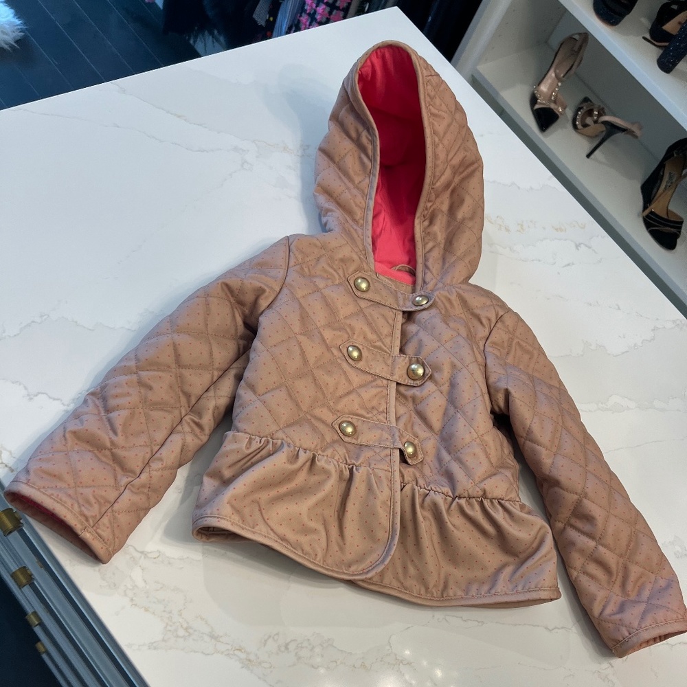 Baby Gap Size 5 Girls Camel/Pink Dotted Fleece Lined Gold Button Jacket